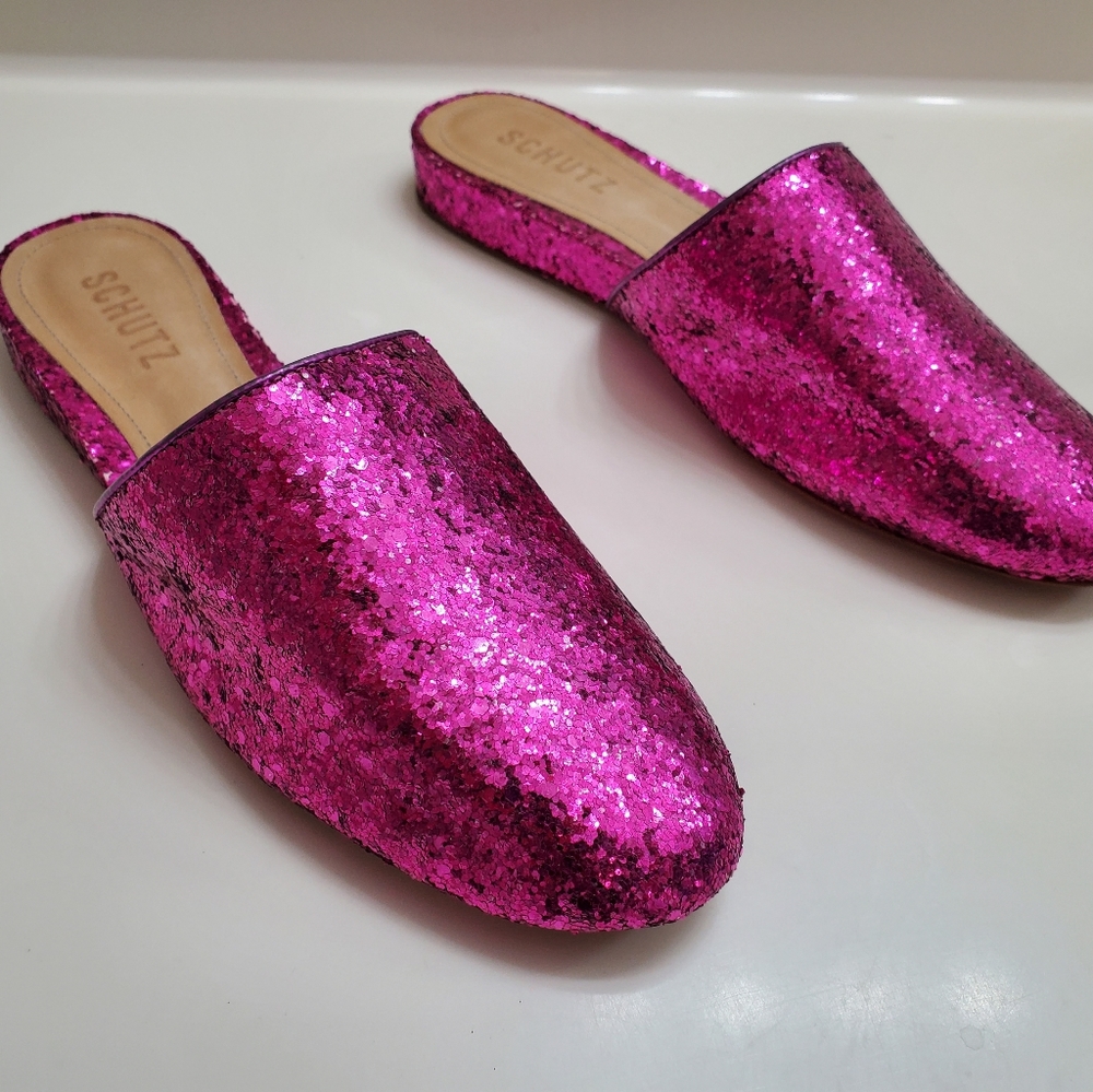 SCHUTZ 'Sulenya' Pink Glitter Mules (7B) - Picture 6 of 9